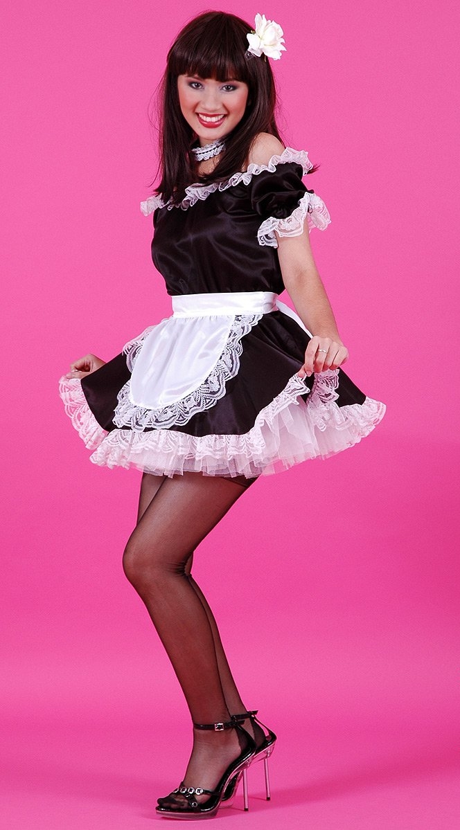 Brunette French Maid wearing Black Sheer Stockings and Black Sandal High Heels